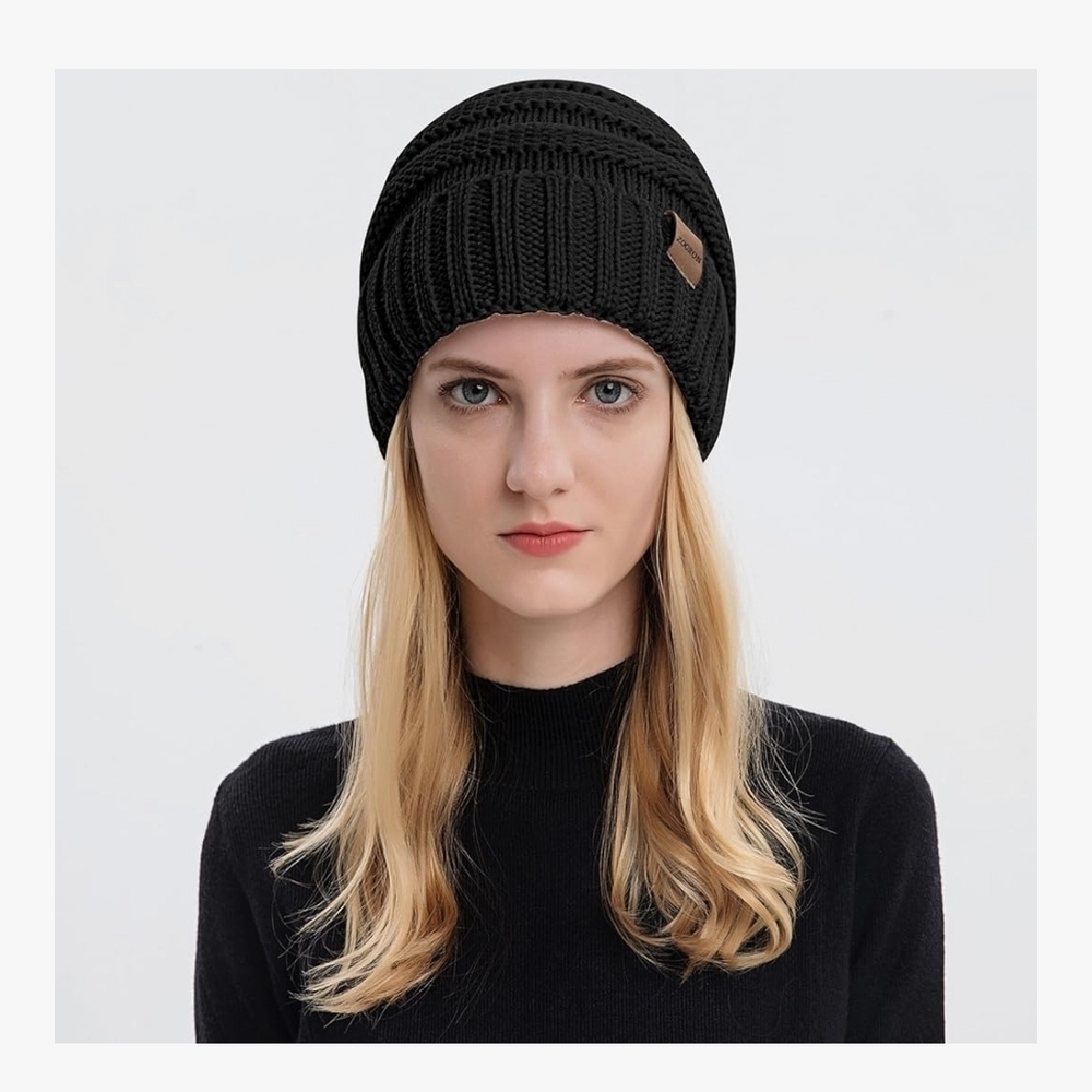 Zoonon Cable Knit Slouched Stylish Black Knit Beanie NWOT